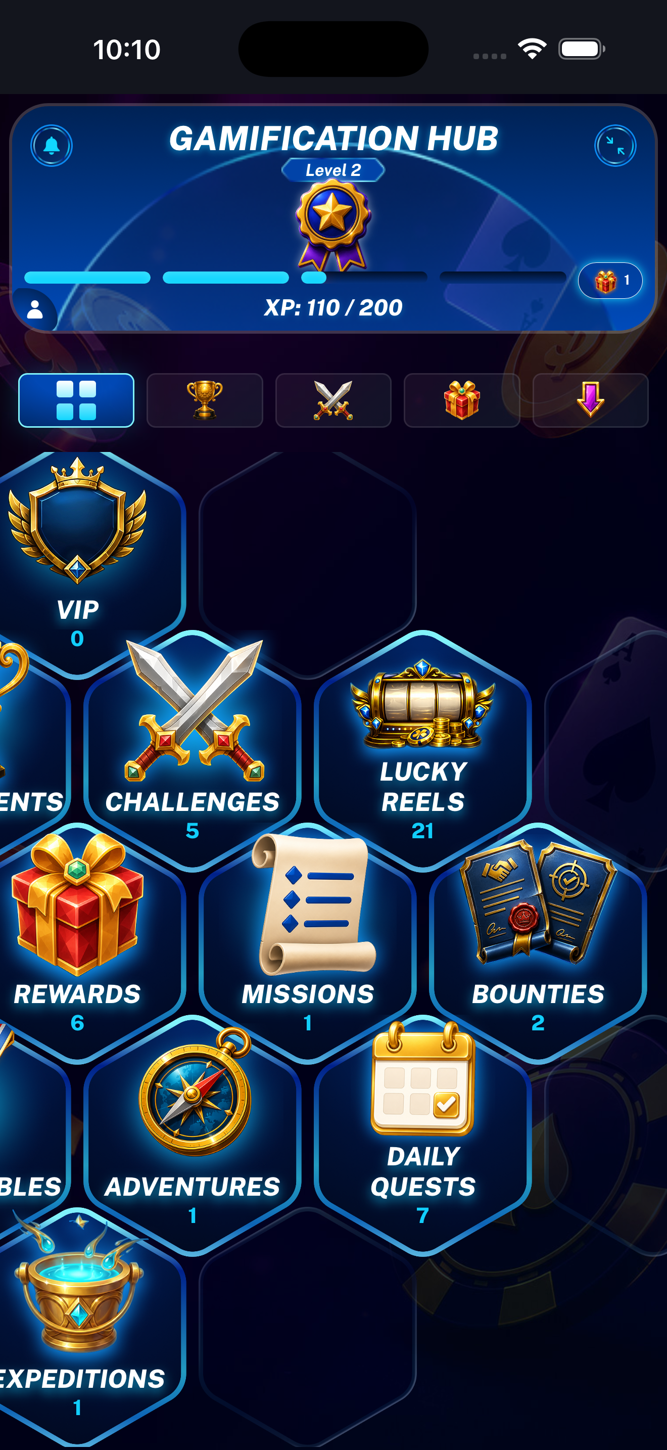 Widgets overview showing the count of incomplete Missions